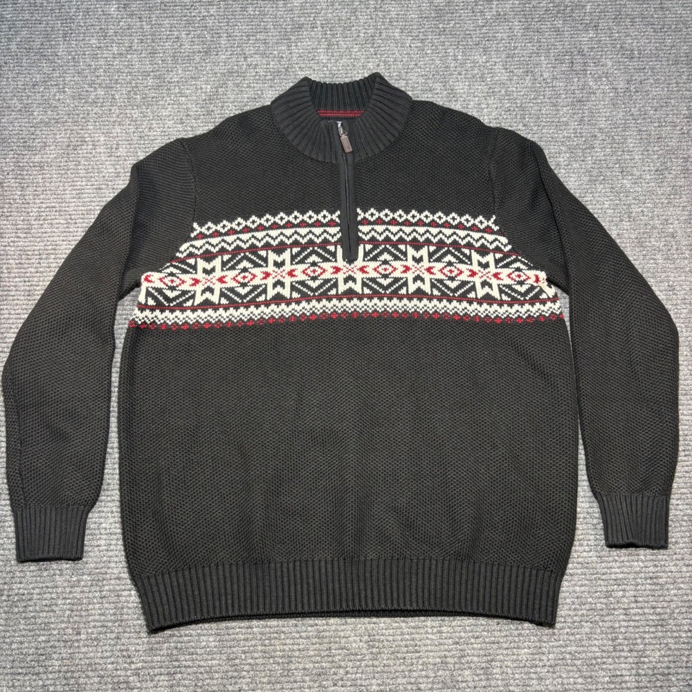 IZOD Mens XL Quarter Zip Sweater Fair Isle Geometric Knit Black Red White Cotton